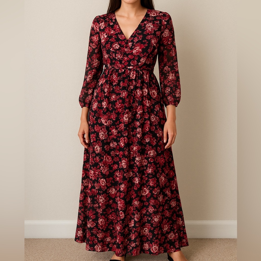 Isabel Maternity Floral Maxi Dress | Small | Black Pink Long Sleeve Boho